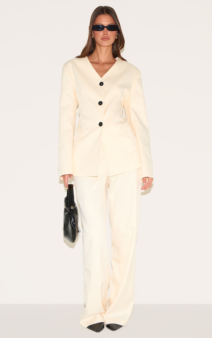  Sand Premium Tailored Collarless Button Up Fitted Blazer image 3