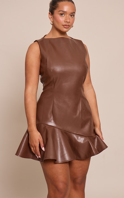 Shape Chocolate Faux Leather Frill Detail Mini Dress
