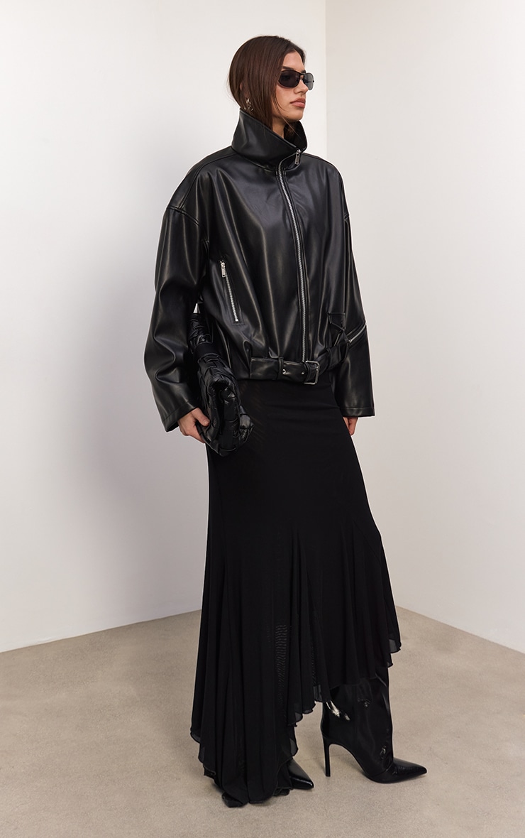 Black Low Belt Detail Ruched Faux Leather Biker Jacket  image 1