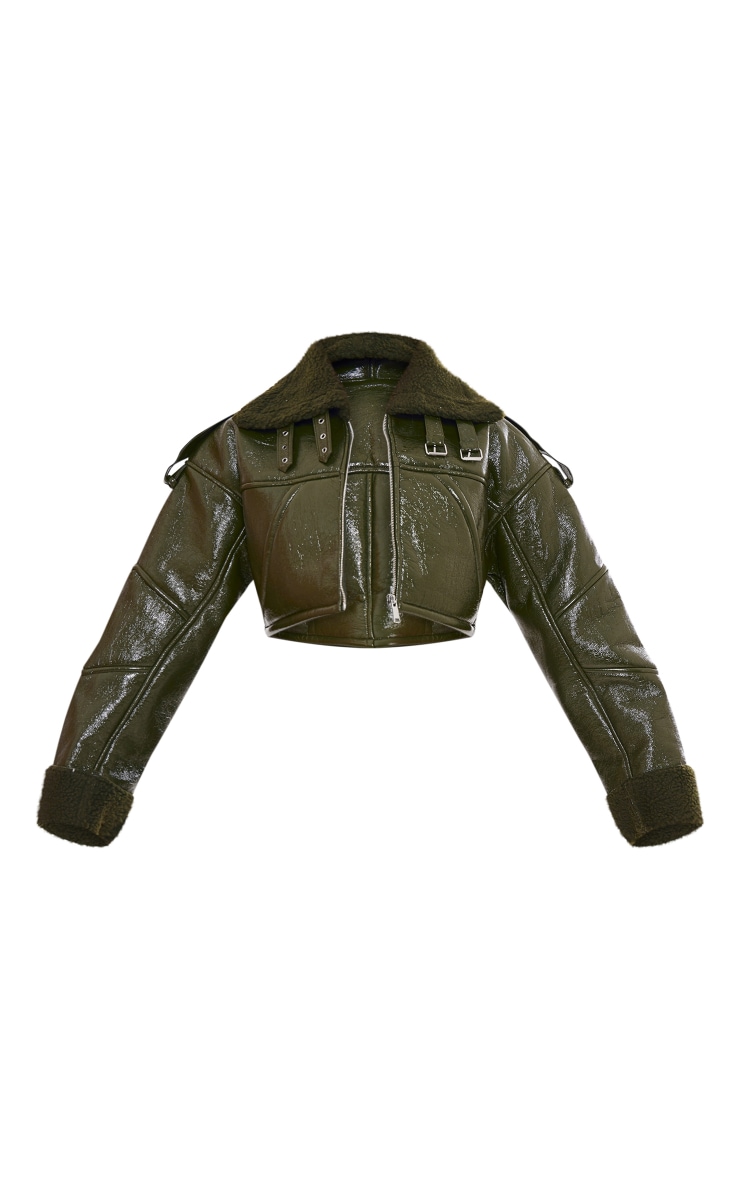 Khaki Borg Lined Vinyl Cropped Jacket image 5