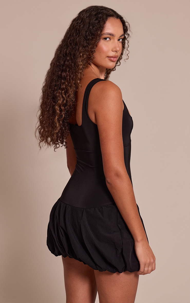Tall Black Slinky Puff Hem Mini Dress image 2
