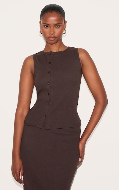 Chocolate Ribbed Asymmetric Button Up Vest Top