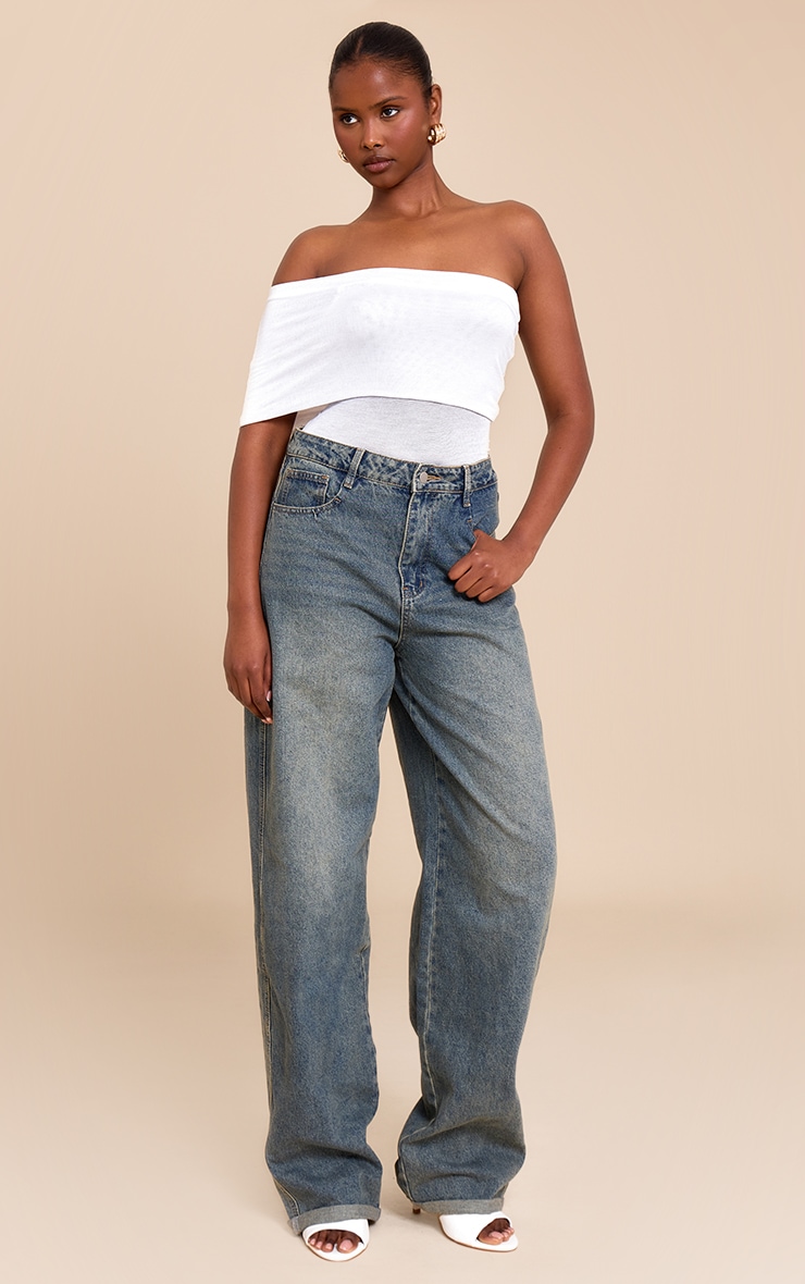 White Sheer Soft Touch Fold Over Detail One Shoulder Long Top image 3