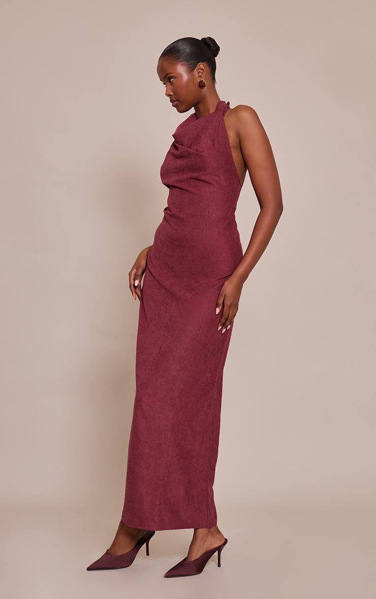 Plum Textured Cowl Neck Sleeveless Maxi Dress image 3