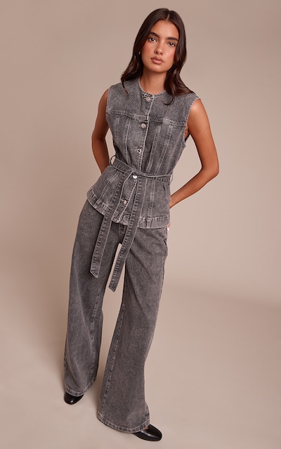 Washed Grey Mid Rise Wide Leg Denim Jeans