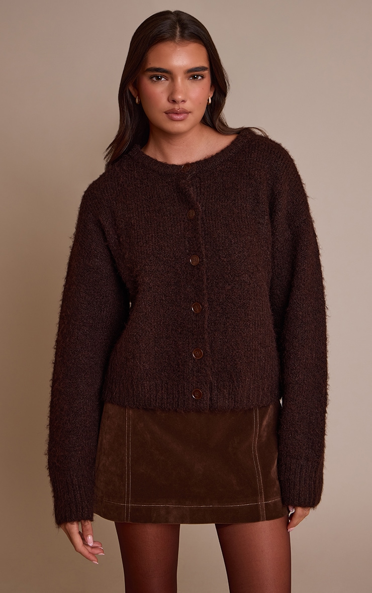 Chocolate Brushed Oversized Detail Round Neck Cardigan image 1
