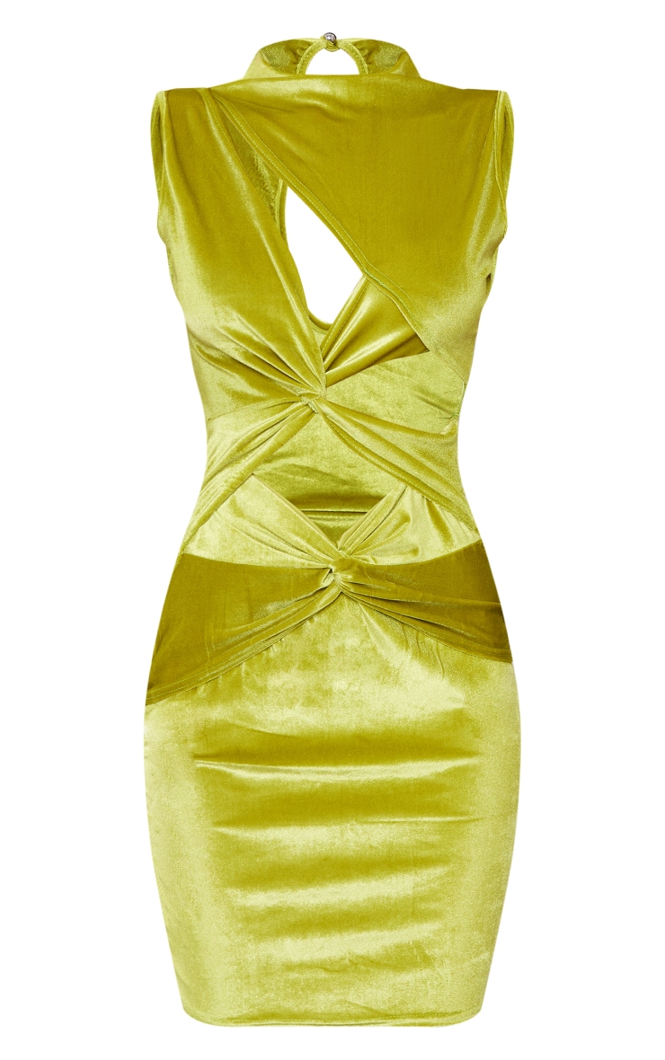 Olive Velvet High Neck Multi Cut Out Bodycon Dress image 5