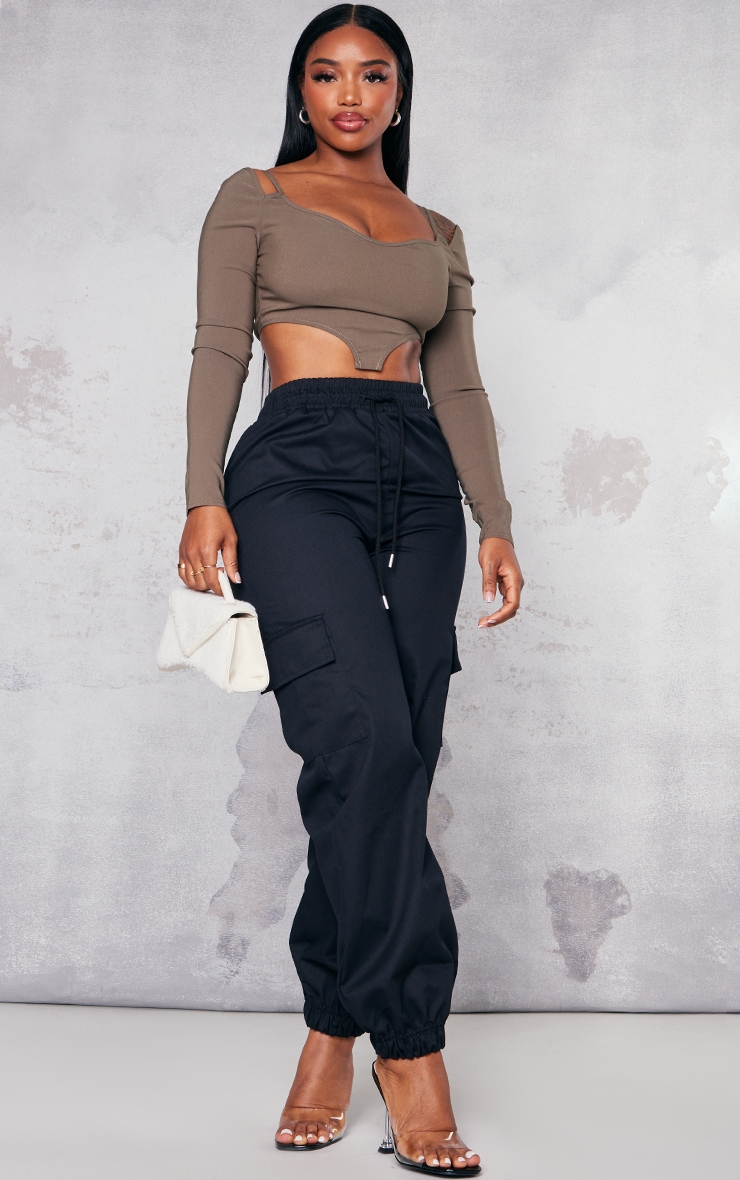 Shape Olive Stretch Woven Dipped Hem Bardot Sleeve Crop Top