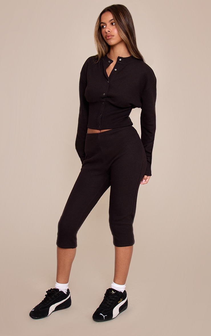 Petite Black Button Up Ribbed Waist Cardigan image 3