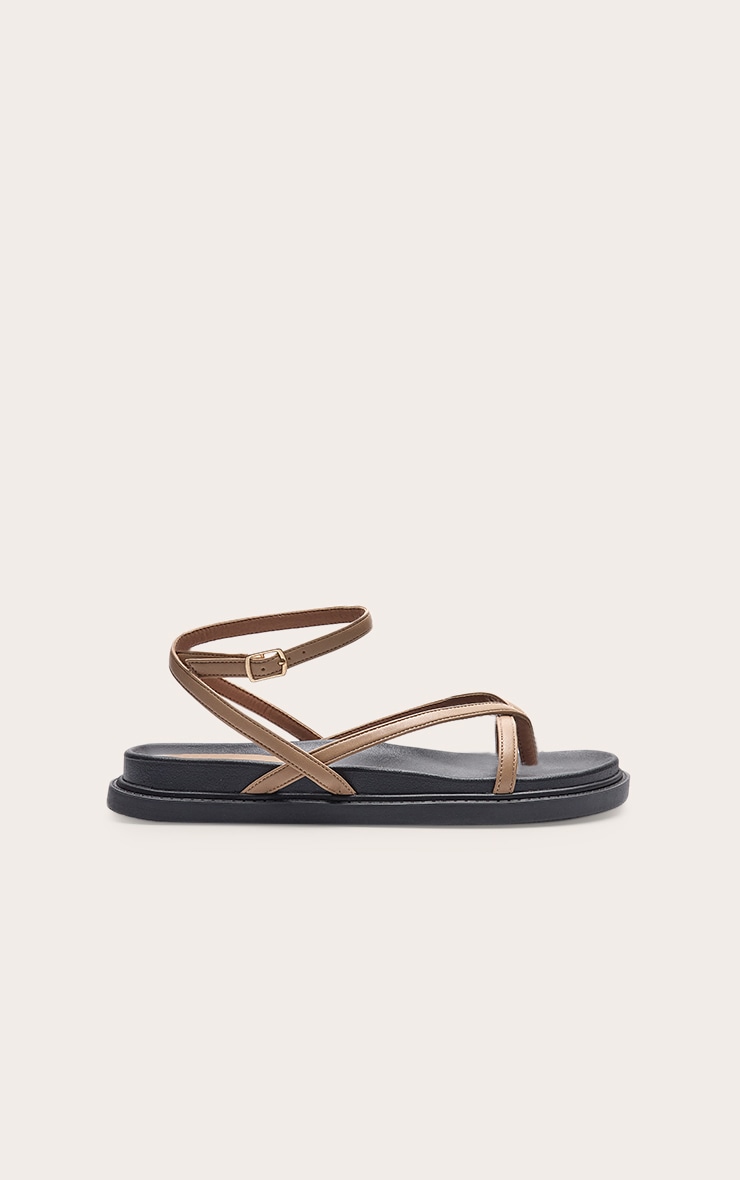 Beige Pu Round Toe Thong Footbed Ankle Strap Flat Sandals image 2