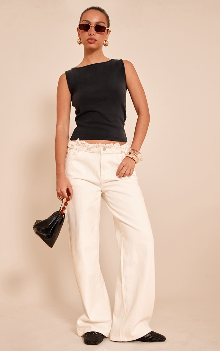White Extreme Frayed Waistband Wide Leg Jeans image 1