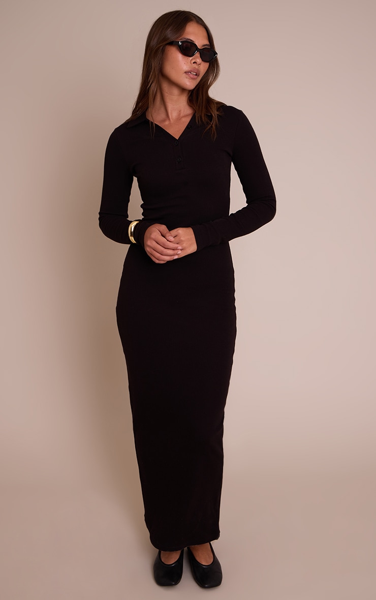 Black Ribbed Button Down Collar Detail Long Sleeve Maxi Dress