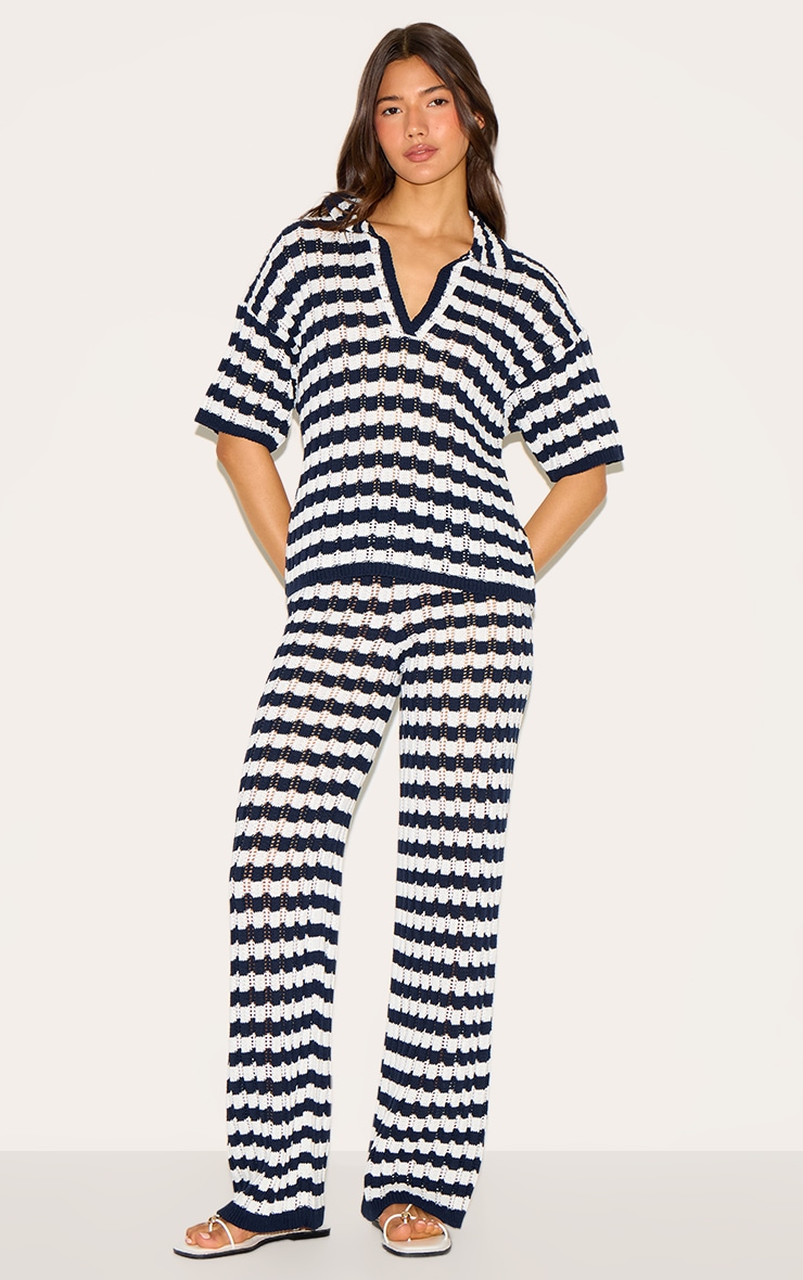 Navy Crochet Stripe Knit Pants image 1