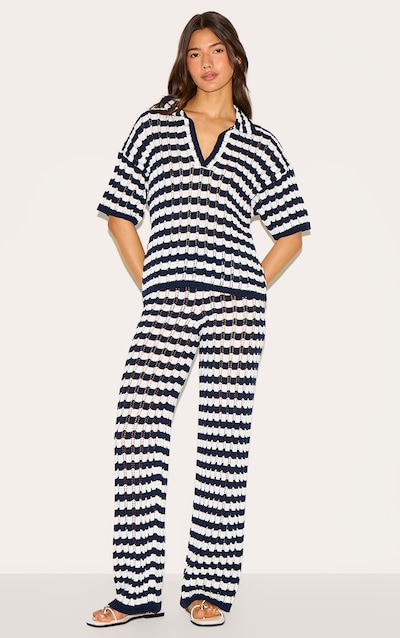 Navy Crochet Stripe Knit Pants
