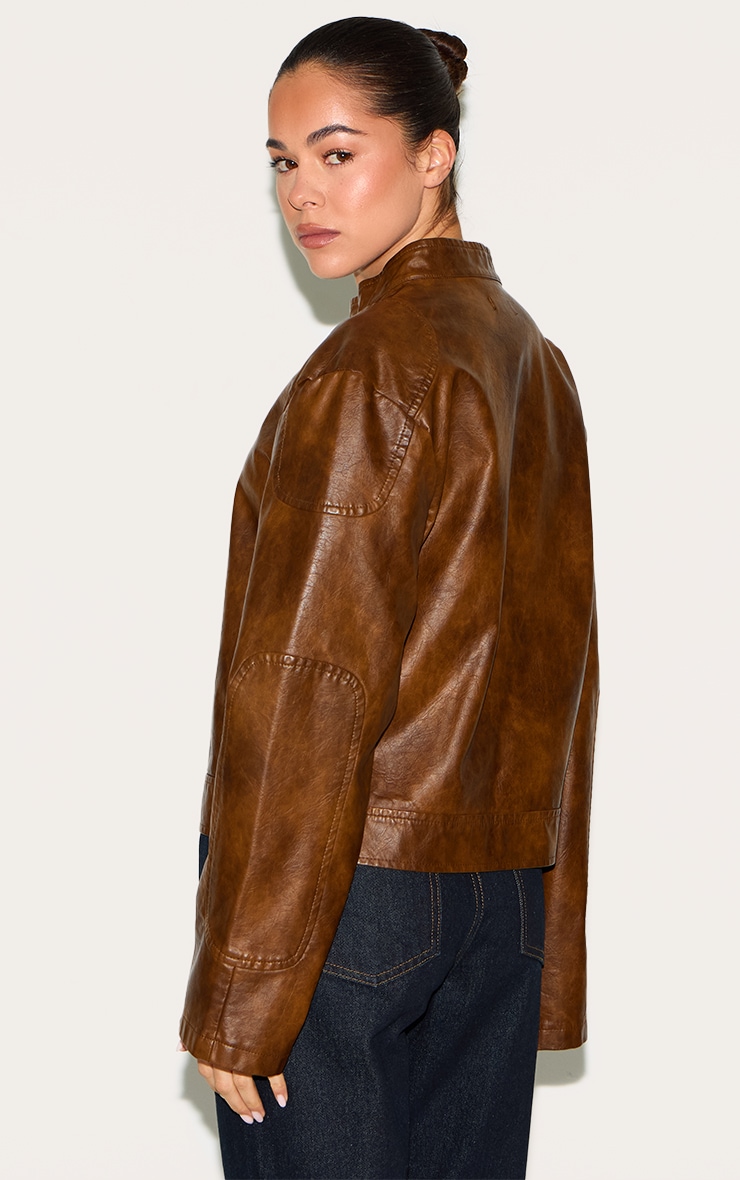 Chocolate Faux Leather Washed Boxy Biker Jacket image 2