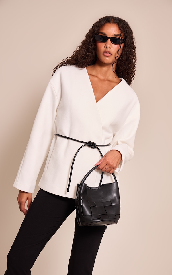 Ecru Collarless Wrap Style Tie Waist Wool Look Coat