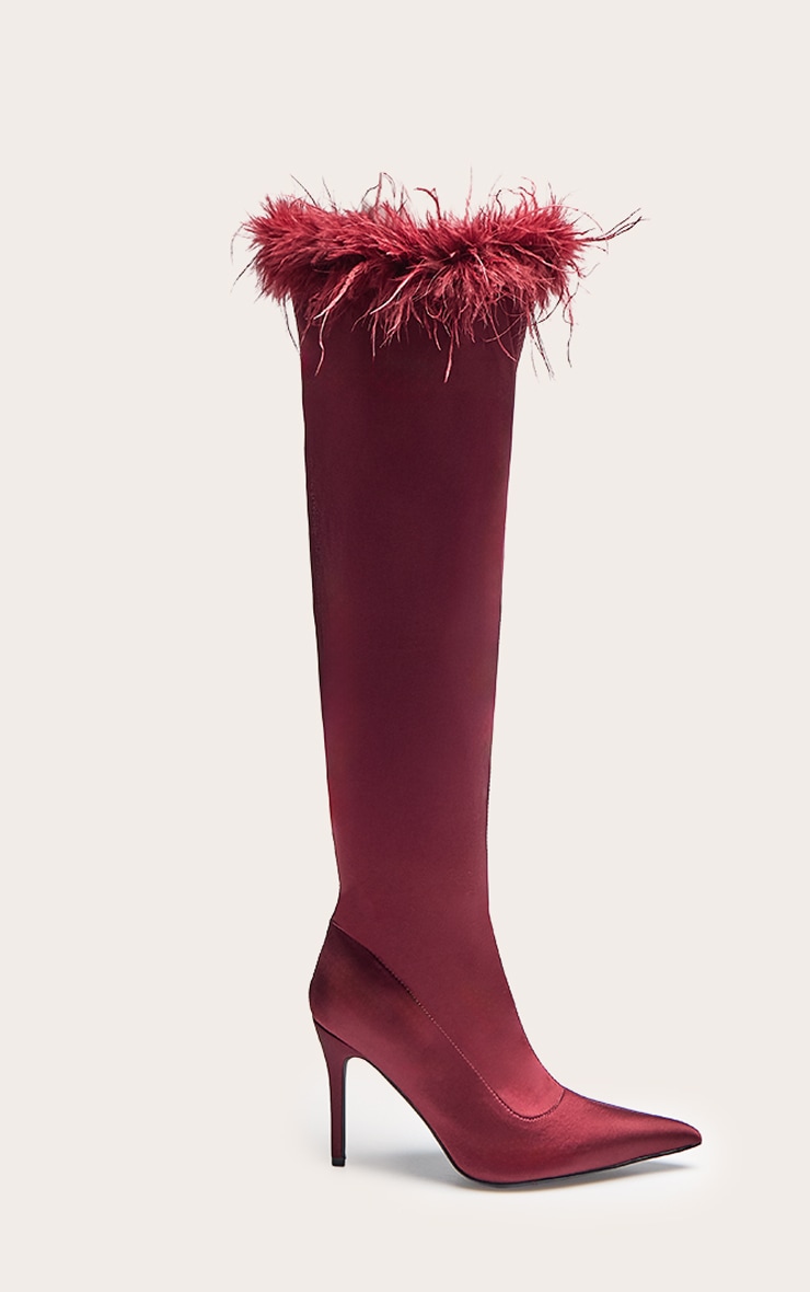 Oxblood Satin Feather Trim Heeled Knee High Boot image 1