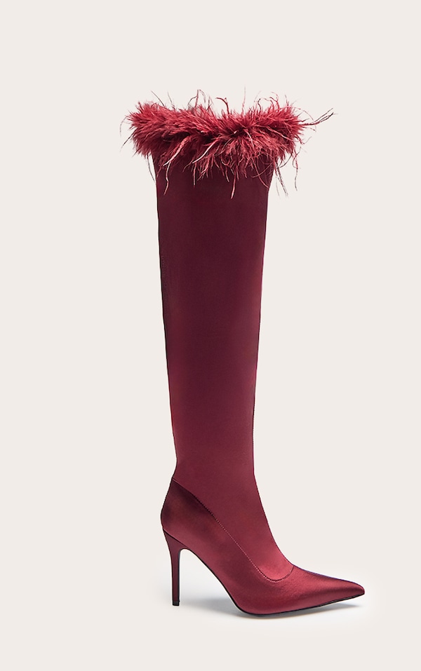 Oxblood Satin Feather Trim Heeled Knee High Boot
