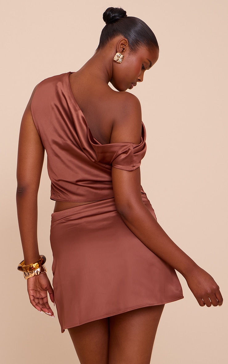 Chocolate Satin One Shoulder Cowl Asymmetrical Top image 2