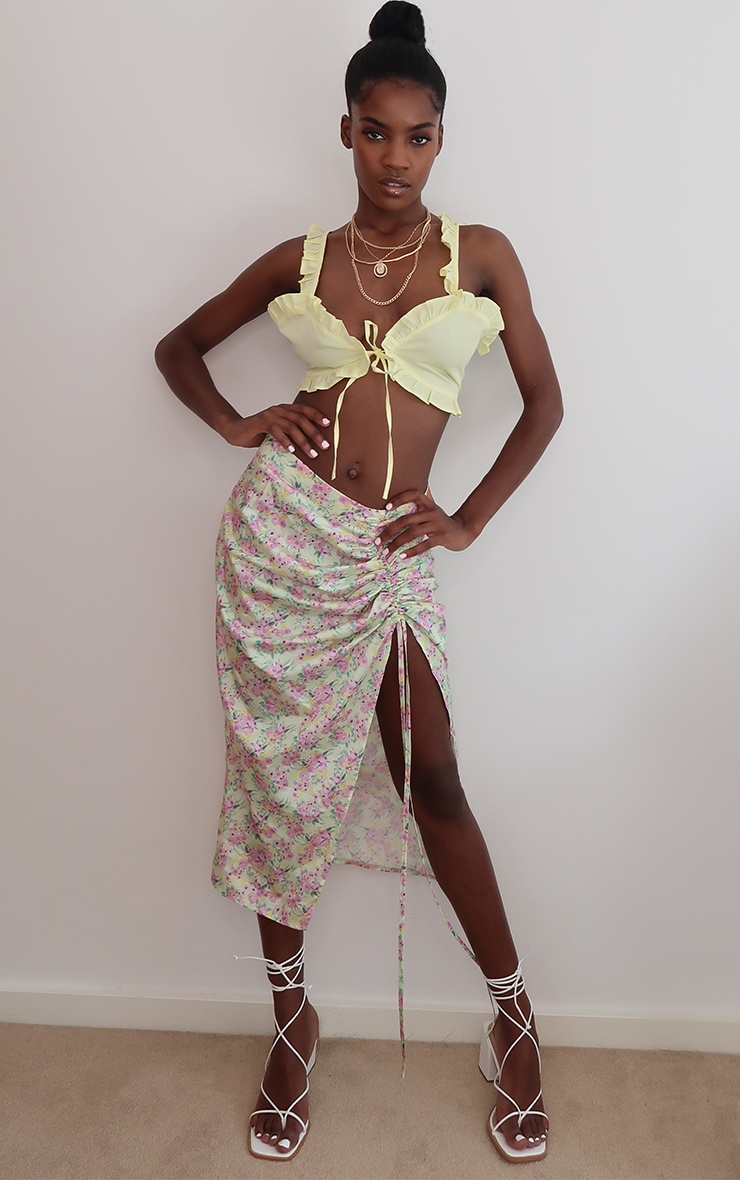 Lime Ditsy Floral Woven Ruched Detail Midi Skirt