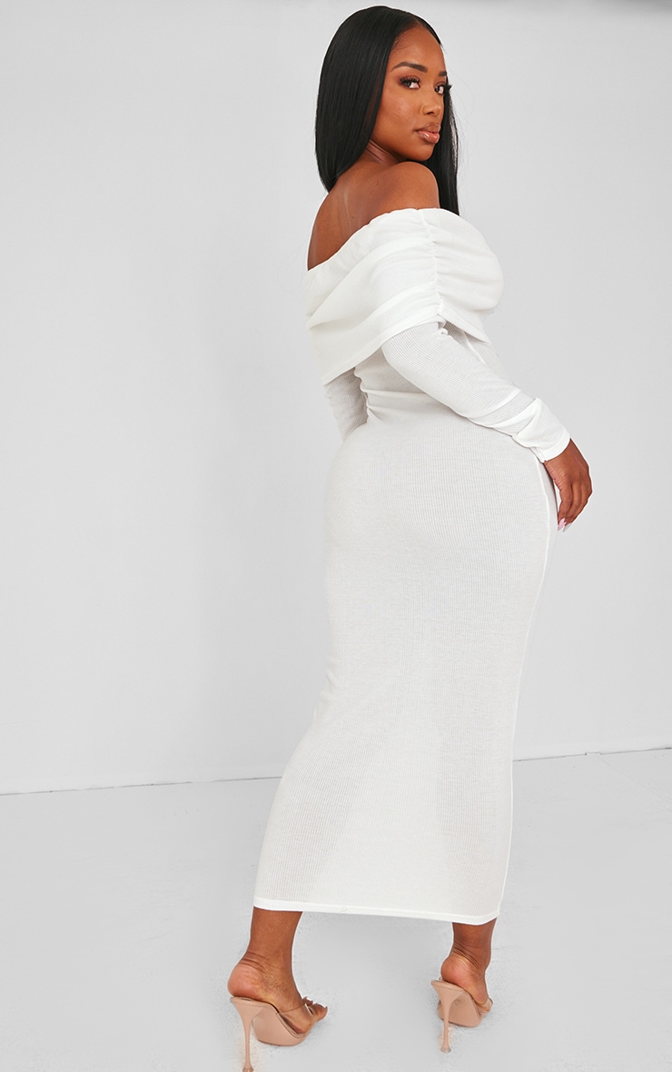 Shape White Rib Bardot Long Sleeve Maxi Dress image 2