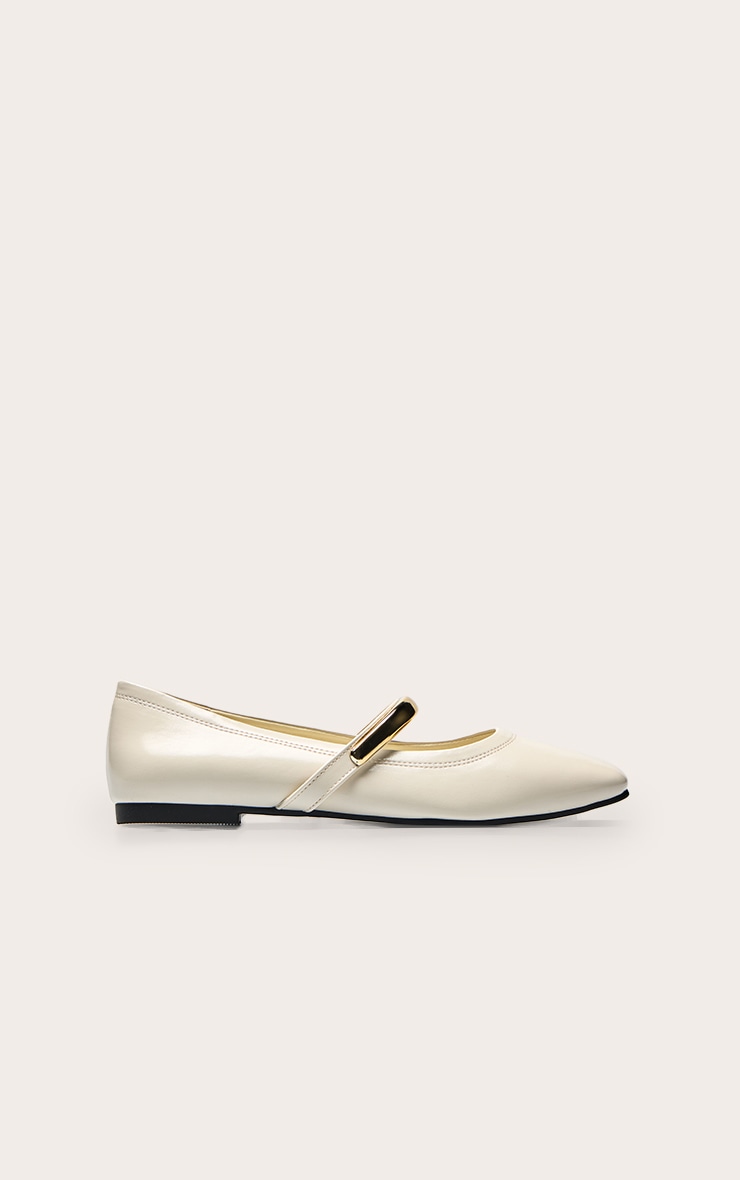 Cream Soft PU Gold Strap Square Toe Ballet Flats image 2