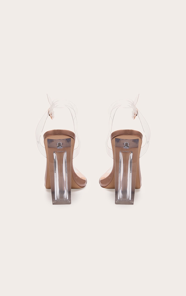 Nude Wide Fit Clear High Block Heel Strappy Heel Sandals image 4