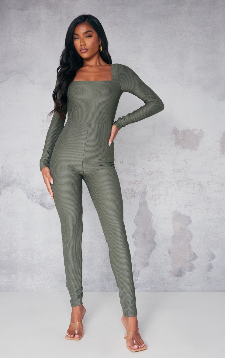 Khaki Rib Square Neck Open Back Jumpsuit image 2