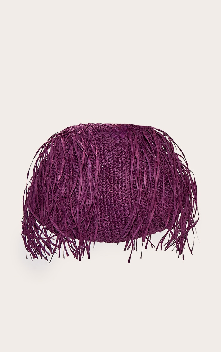 Plum Slouchy Raffia Fringe Clutch image 2