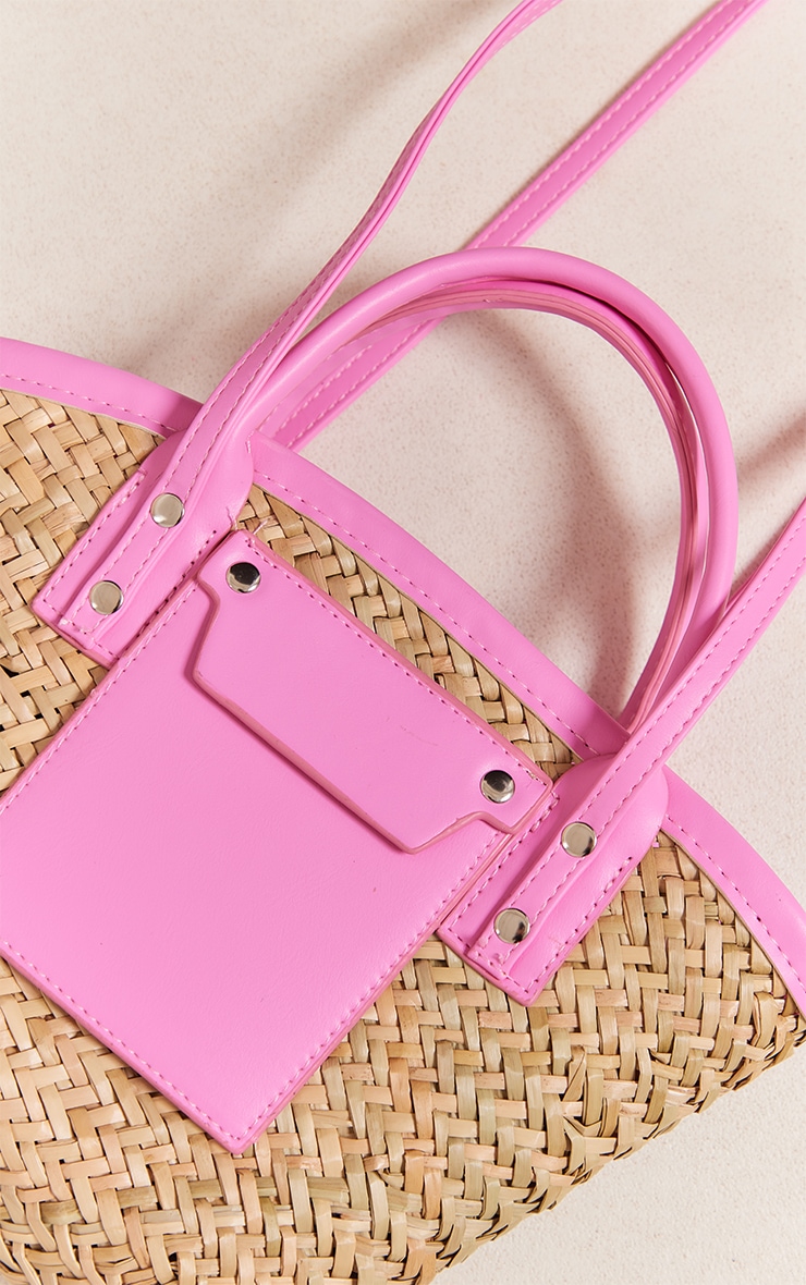 Pink PU Trim Straw Mini Beach Bag image 4