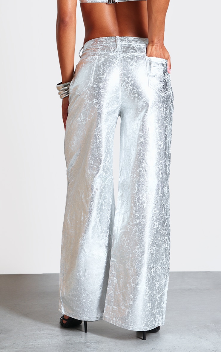 Silver Coated Crackle Effect Denim Wide Leg Jeans image 3