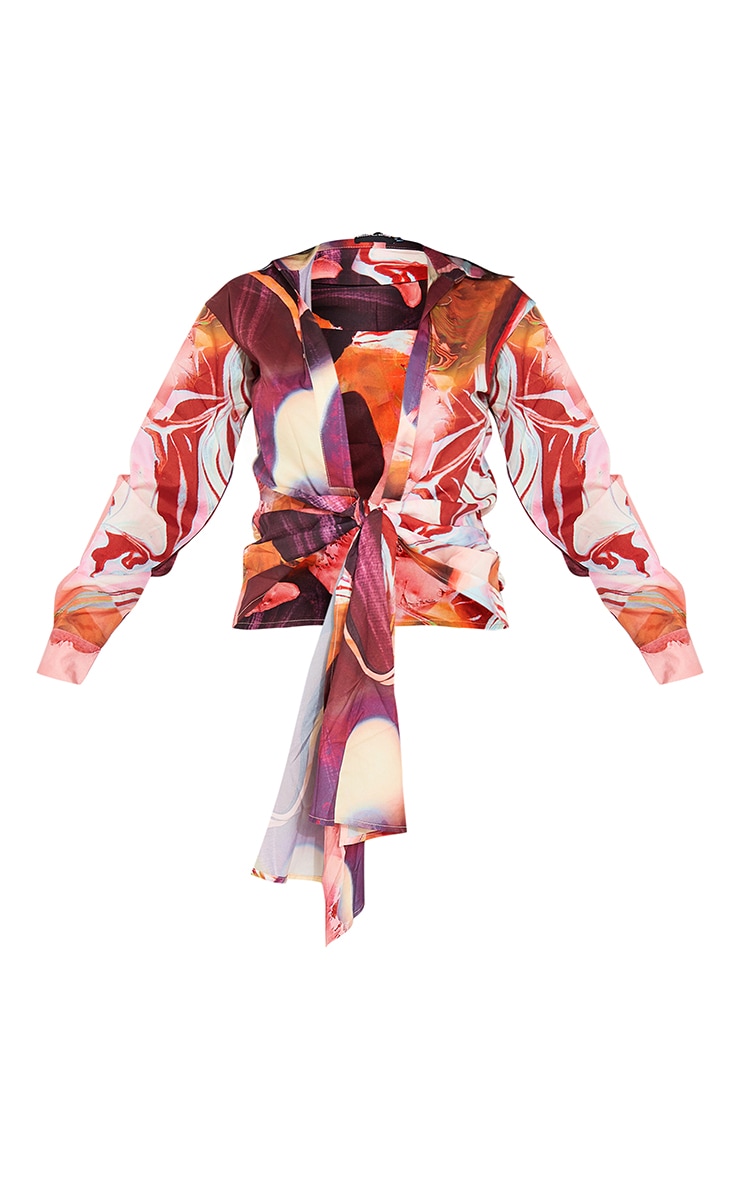 Brown Abstract Marble Print Woven Tie Front Plunge Long Sleeve Shirt image 5