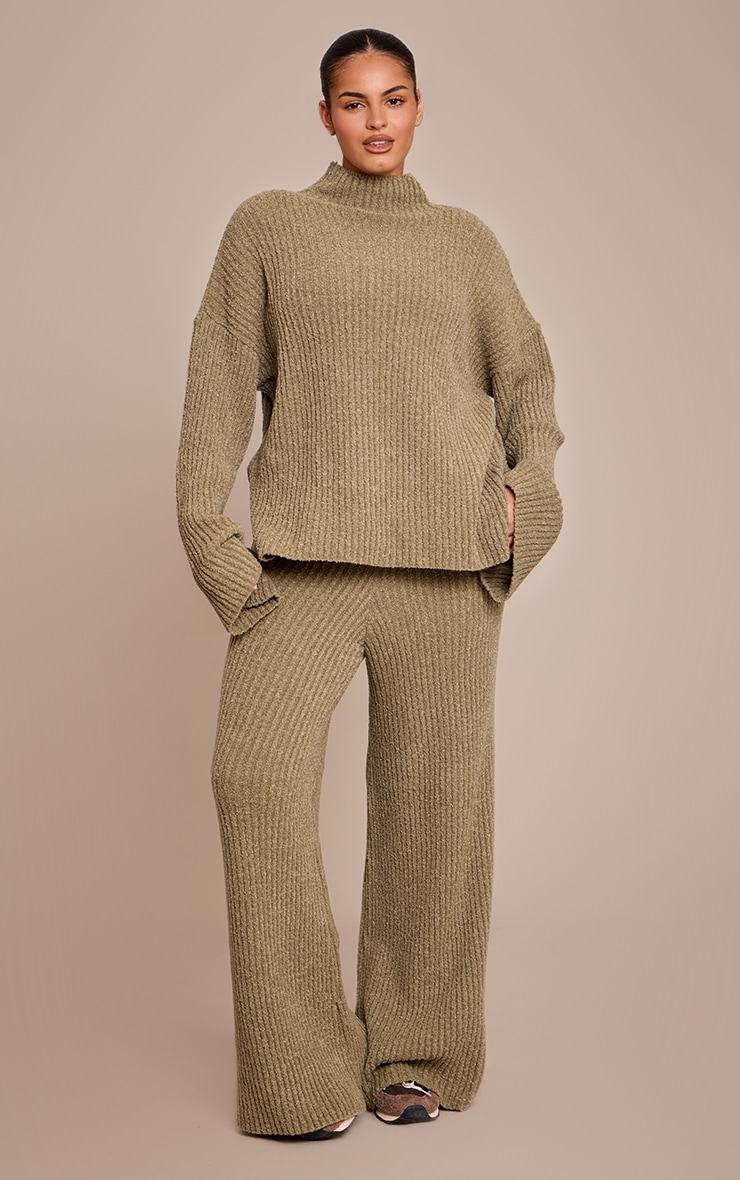 Plus Khaki Rib Boucle Knit Oversized Sweater image 3