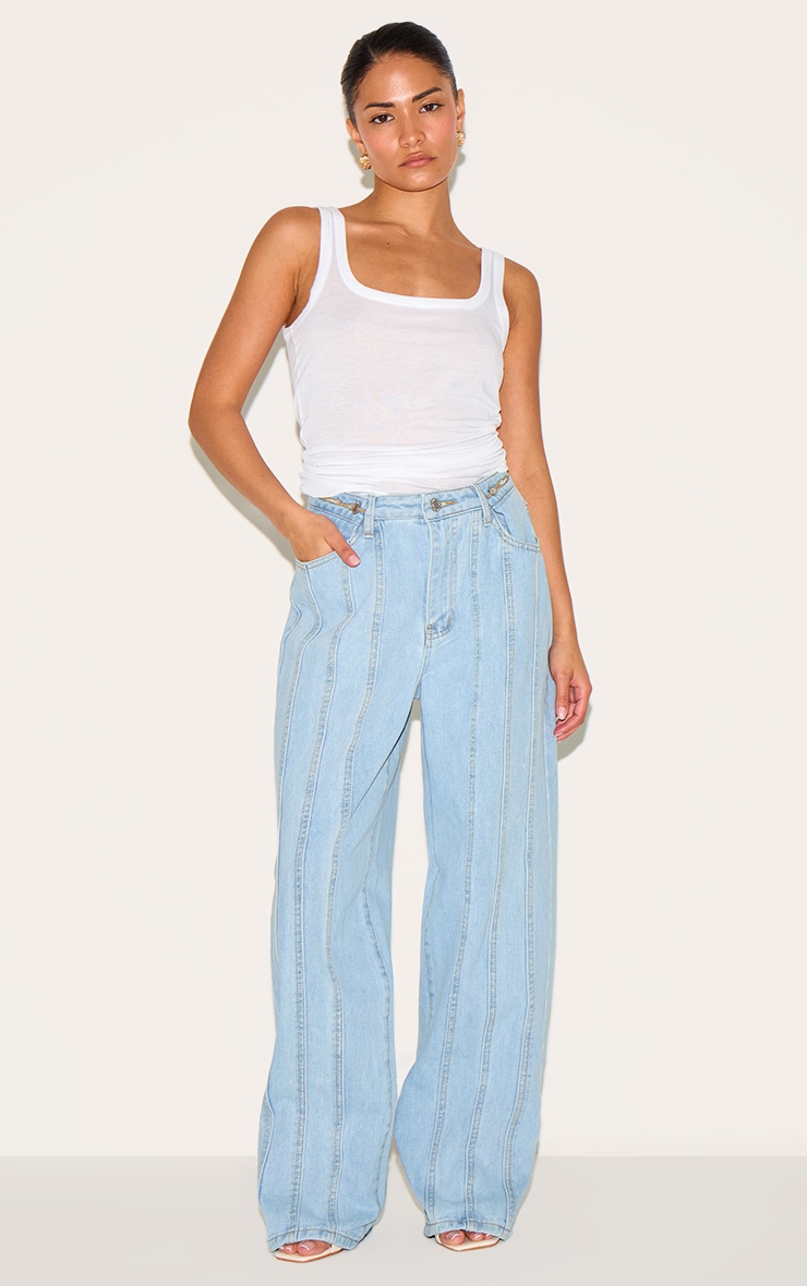 Petite Light Blue Denim Seam Detail Jeans With Adjustable Straps image 1