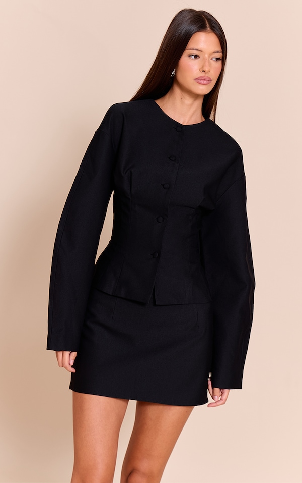 Black Tailored Woven Boxy Balloon Sleeve Blazer