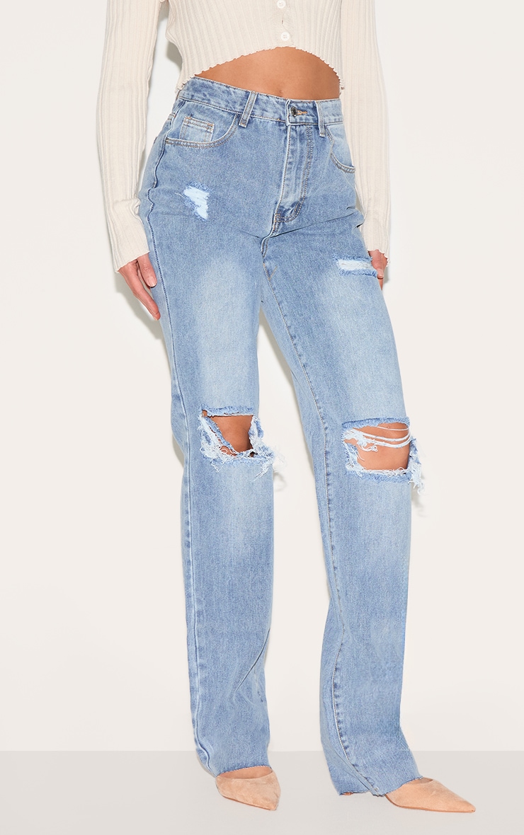 Tall Light Wash Extra Long Ripped High Waist Straight Leg Jeans image 2