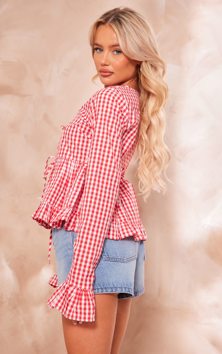 Red Checked Tie Front Flare Sleeve Shirt image 2