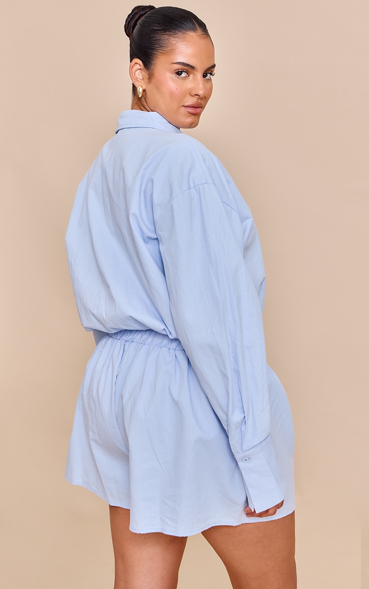 Plus Sky Blue Cotton Ruched Tiered Skort Shirt Romper image 2