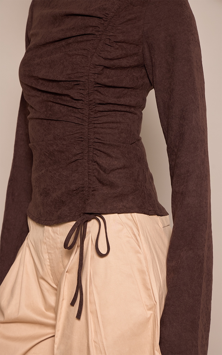 Chocolate Peachskin Ruched Front Fitted Top  image 4