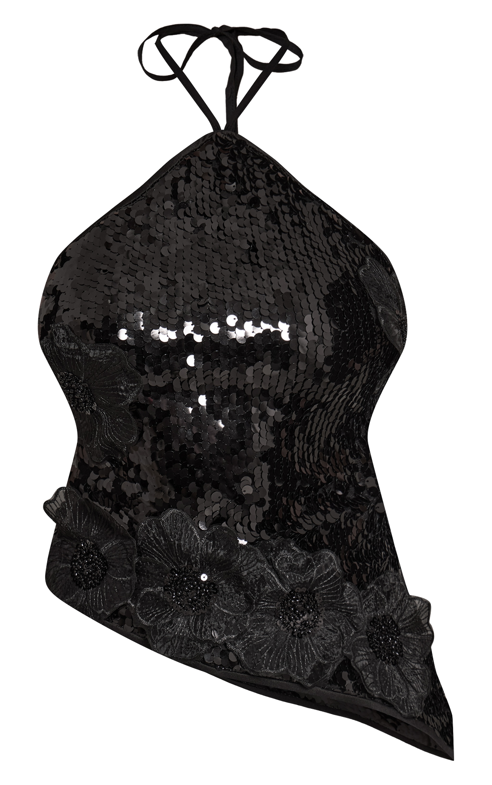 Black Sequin Flower Detail Asymmetric Top image 5