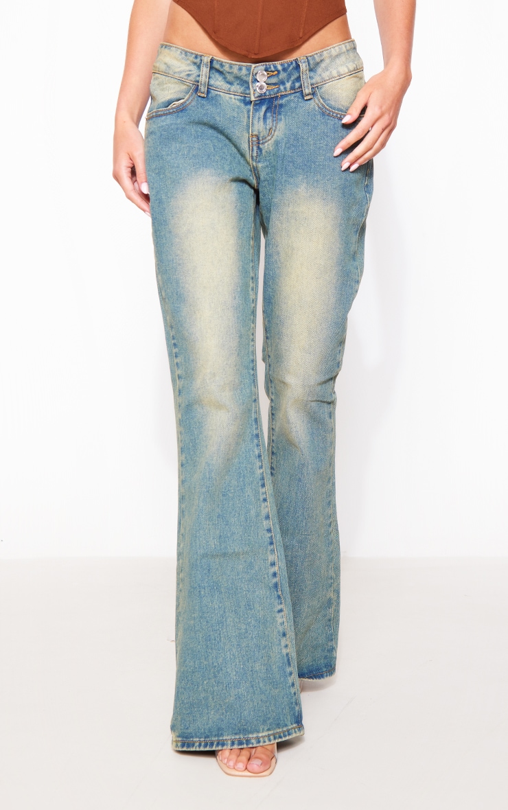 Indigo Vintage Wash Dip Front Low Rise Flare Jeans Denim PLT AUS