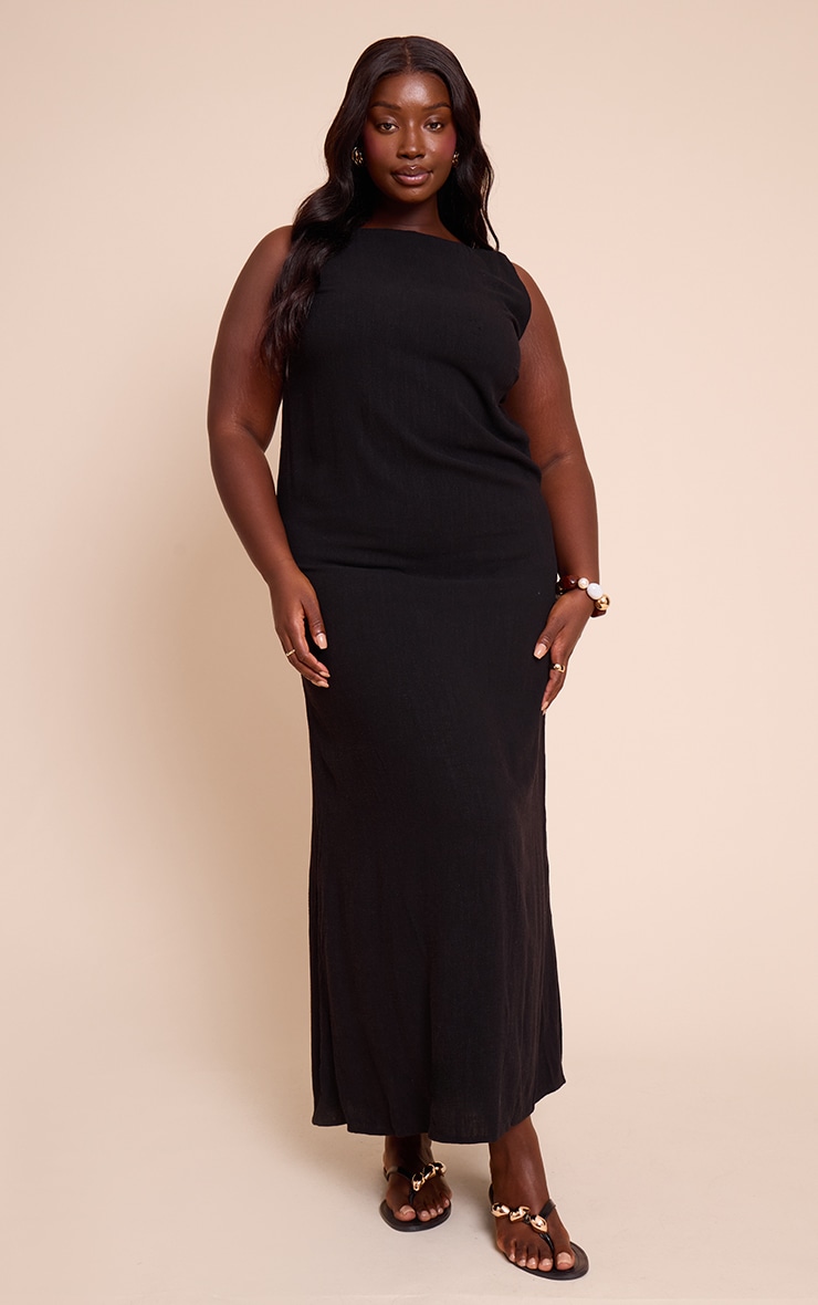 Plus Black Textured Boat Neck Low Back Maxi Dress image 1