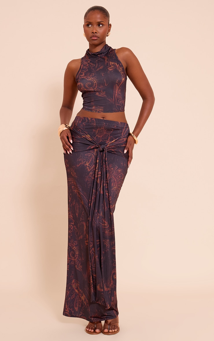 Dark Brown Paisley Print Slinky Funnel Neck Crop Top image 3