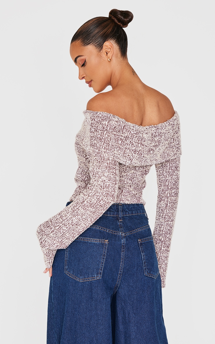 Burgundy Boucle Fold Over Bardot Long Sleeve Top image 2