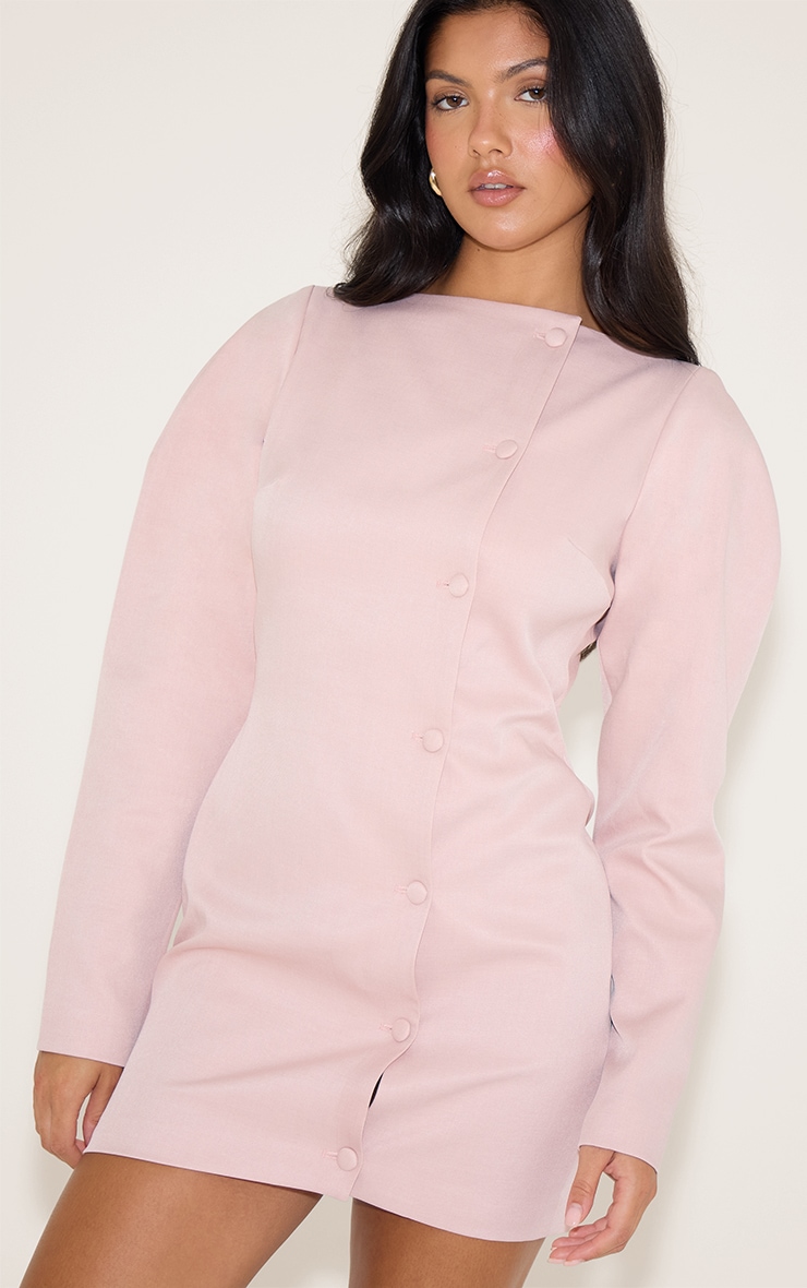 Pale Pink Woven Slash Neck Button Detail Mini Dress image 4