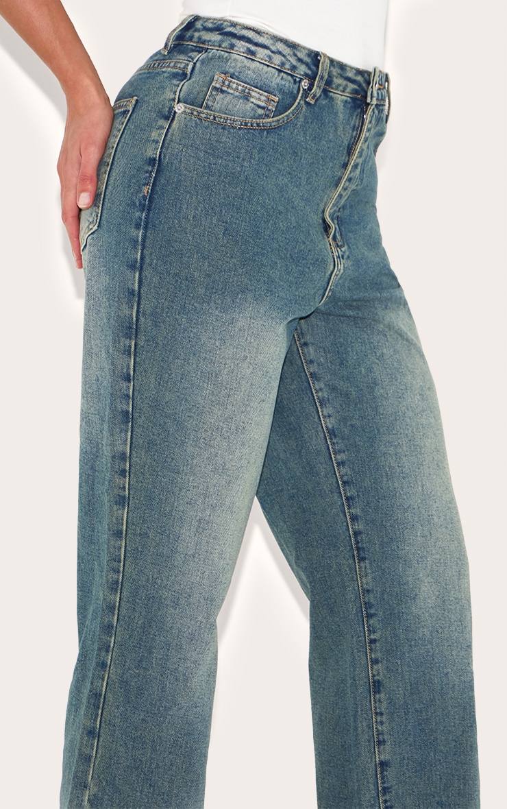 Jean large à ourlet effiloché, délavage indigo vintage, taille haute image 4