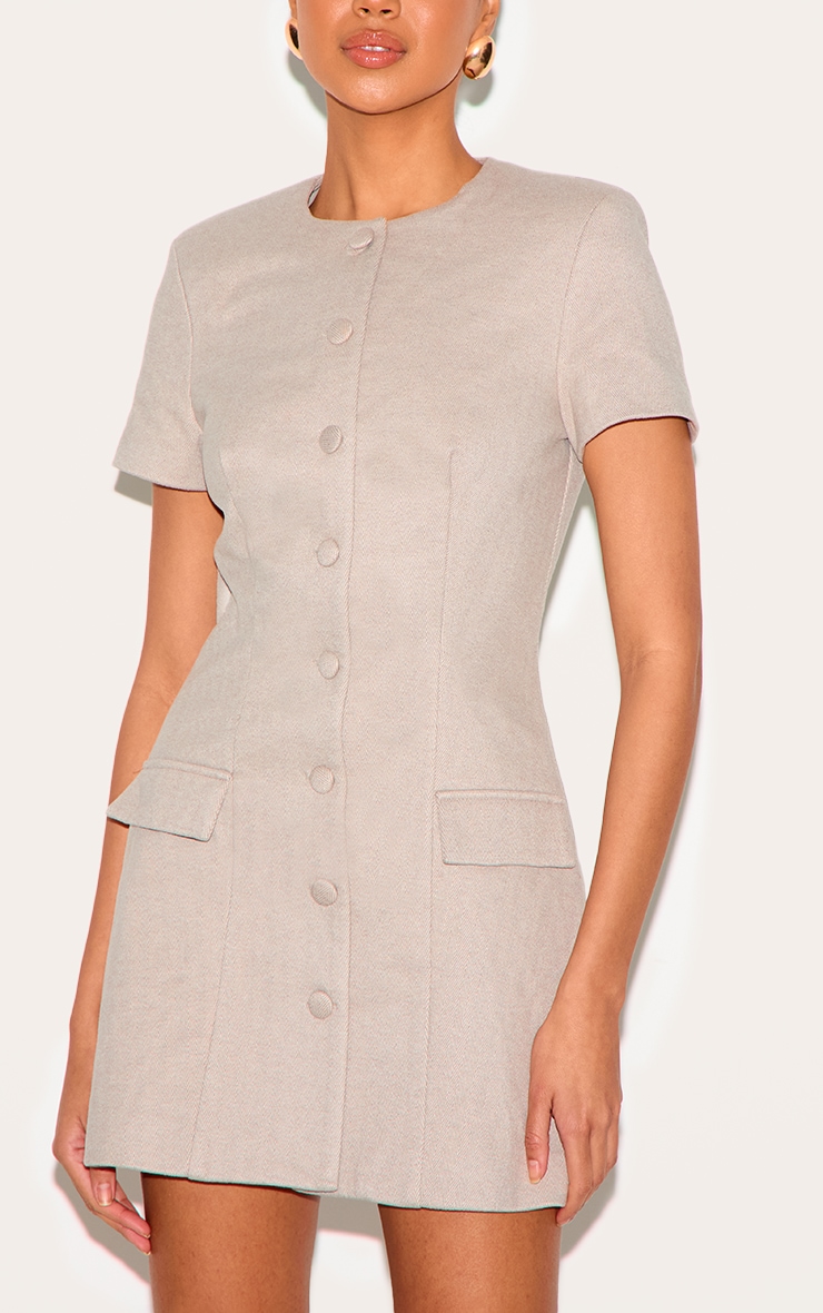 Mushroom Herringbone Tailored Short Sleeve Mini Dress image 4