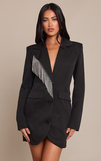 Black Tailored Diamante Tassel Detail Long Sleeve Blazer Dress