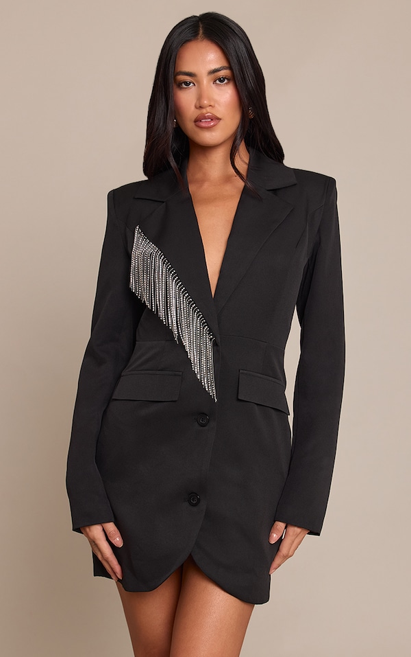 Robe blazer de tailleur noire à manches longues et franges strassées