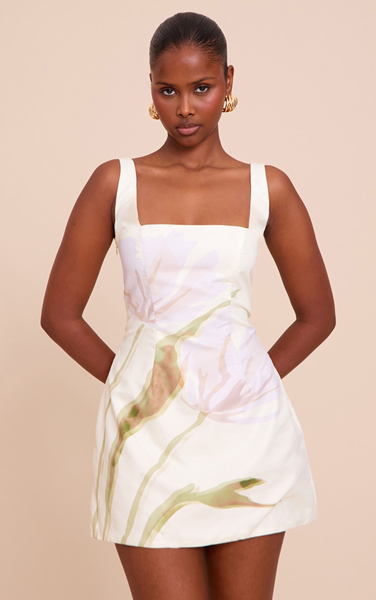 Cream Floral Print Woven A Line Shift Dress image 1